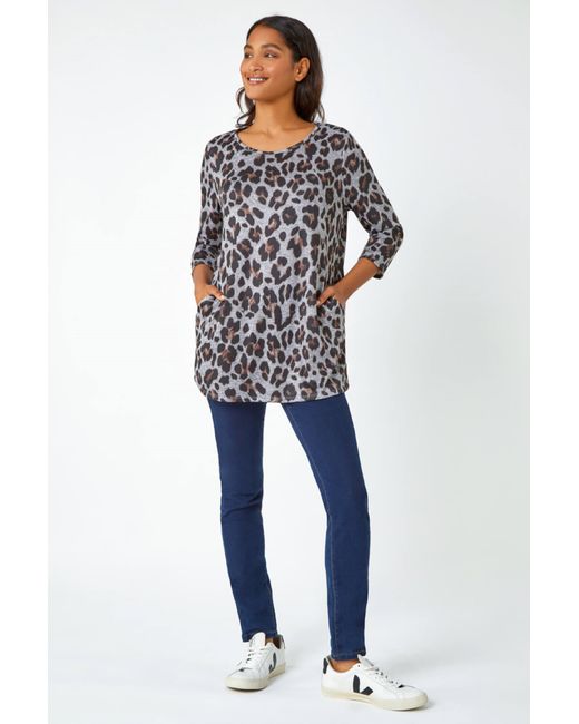 Roman Blue Animal Print Pocket Tunic Top With Snood