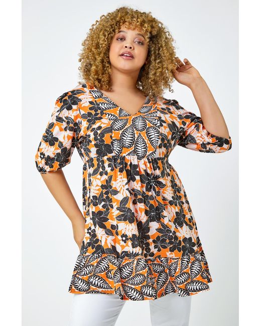 Roman Curve White Leaf Print Tunic Top
