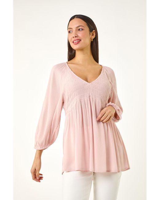 Roman Pink Shirred V-Neck Raglan Top