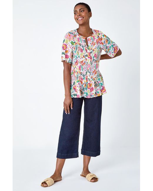 Roman Blue Floral Shirred Crinkle Top