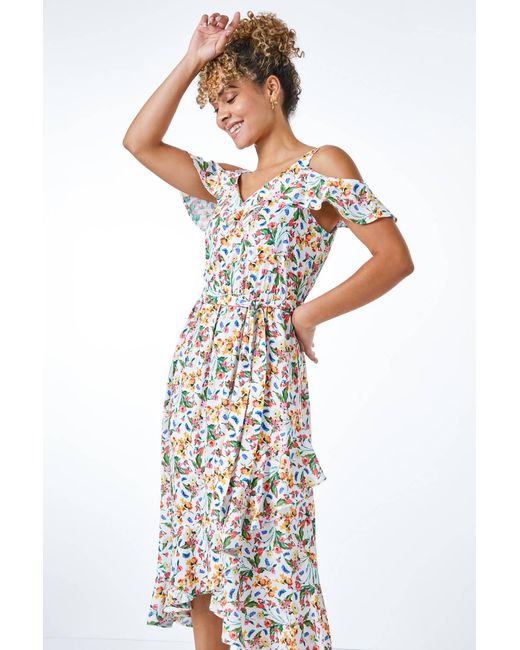 Roman Petite White Floral Print Cold Shoulder Midi Dress