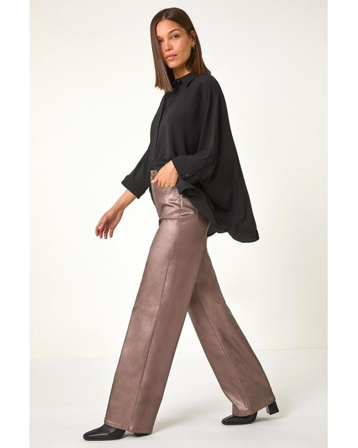 Roman Black Coated Stretch Waist Wide Leg Trousers
