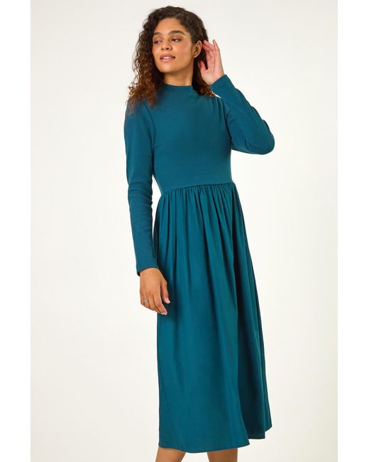 Roman Blue Cotton Stretch Jersey Mix Midi Dress