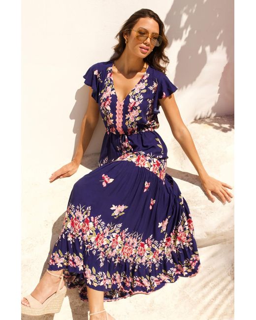 Roman Blue Floral Print Tiered Midi Dress