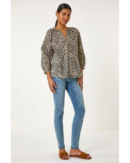 Roman Black Linear Print V-Neck Blouse