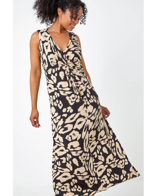 Roman Petite Black Leopard Print Twist Jersey Maxi Dress