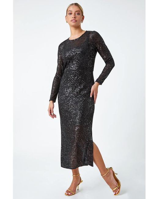 D.u.s.k Black Sequin Embellished Midi Stretch Dress