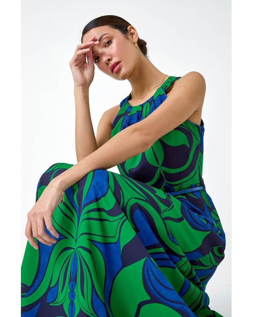 Roman Green Abstract Print Halter Neck Maxi Dress