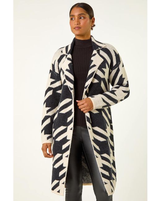 Roman Black Houndstooth Knit Edge-to-Edge Coatigan