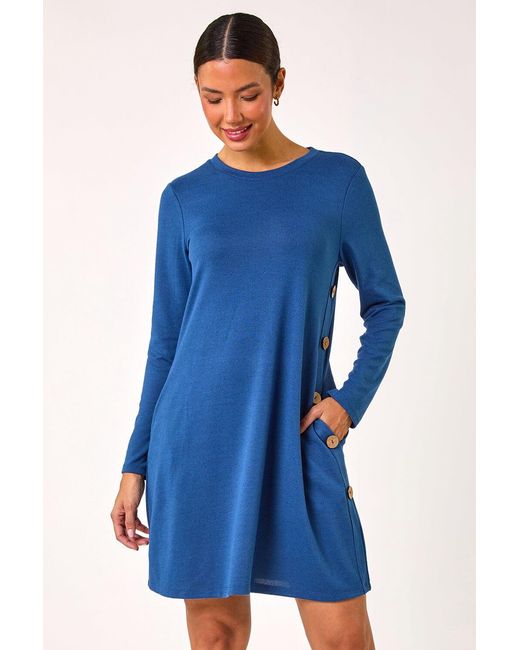 Roman Blue Side Button Detail Stretch Swing Dress