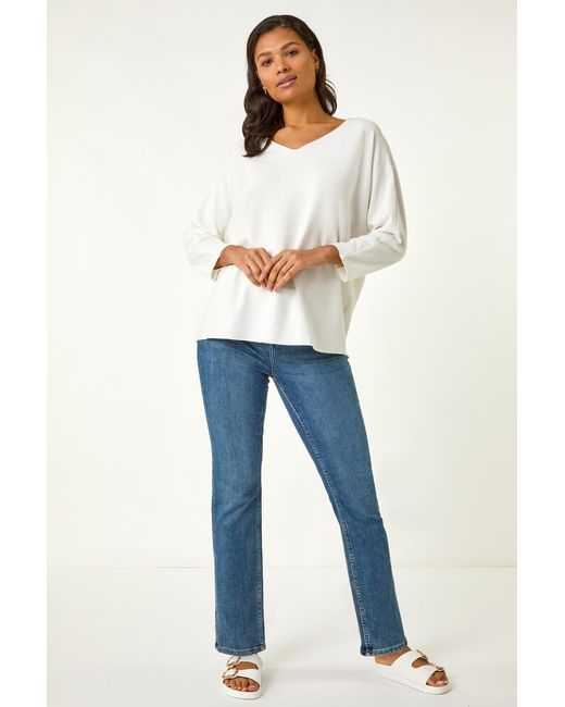 Roman White Ribbed V-Neck Stretch Top
