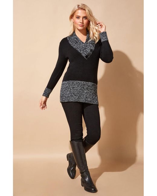 Roman Black V-Neck Overlap Button Detail Longline Jumper