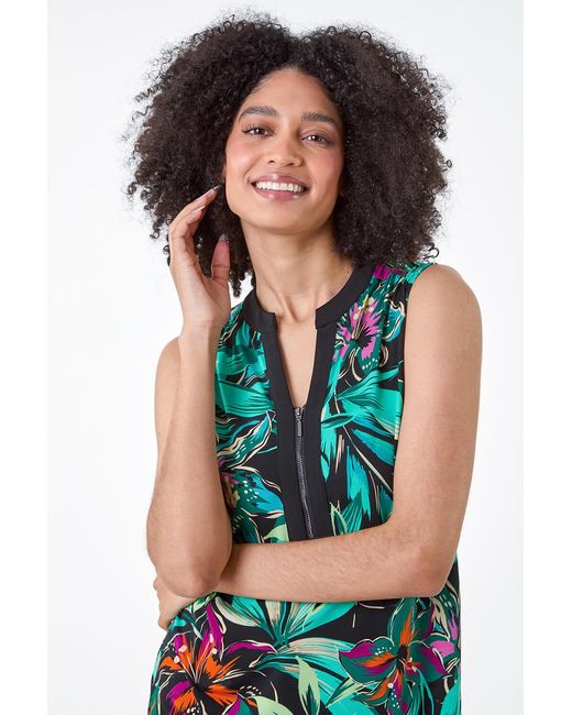 Roman Green Sleeveless V-Neck Tropical Print Zip Top