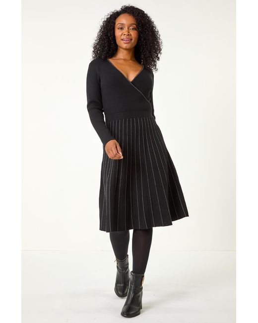 Roman Petite Black Metallic Pleat Knitted Dress