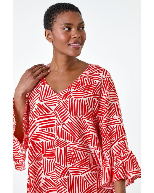 Roman Red Abstract Print V-Neck Frill Detail Top