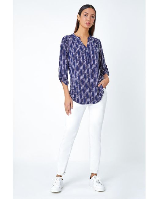 Roman Blue Textured Geometric Print Stretch Shirt