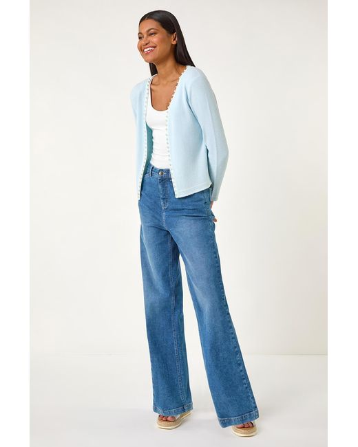 Roman Blue Faux Pearl Trim Cardigan