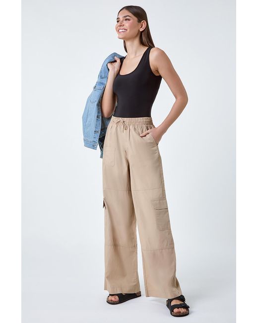 Roman Blue Cotton Elastic Waist Wide Leg Cargo Trousers