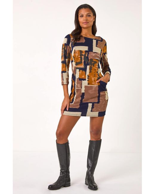 Roman Orange Geometric Print Pocket Shift Dress