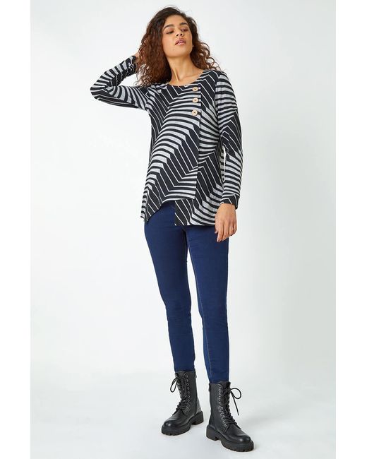 Roman Black Button Detail Geometric Stretch Top