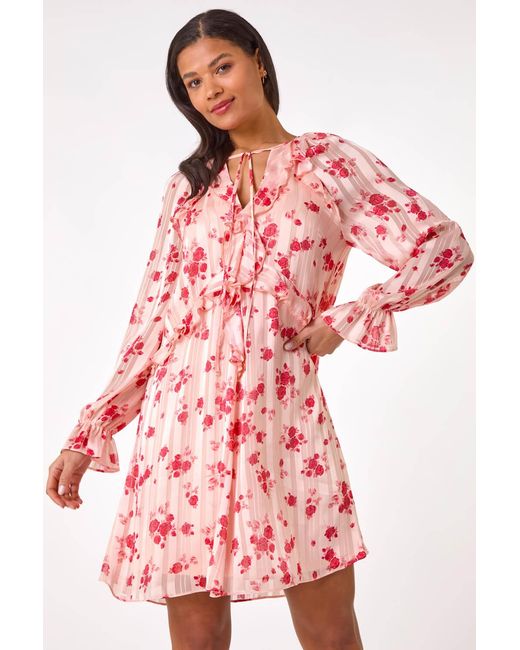 Roman Red Rose Print Ruffle V-Neck Smock Dress