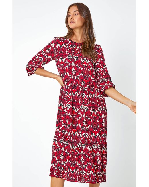 Roman Abstract Print Tiered Smock Midi Dress