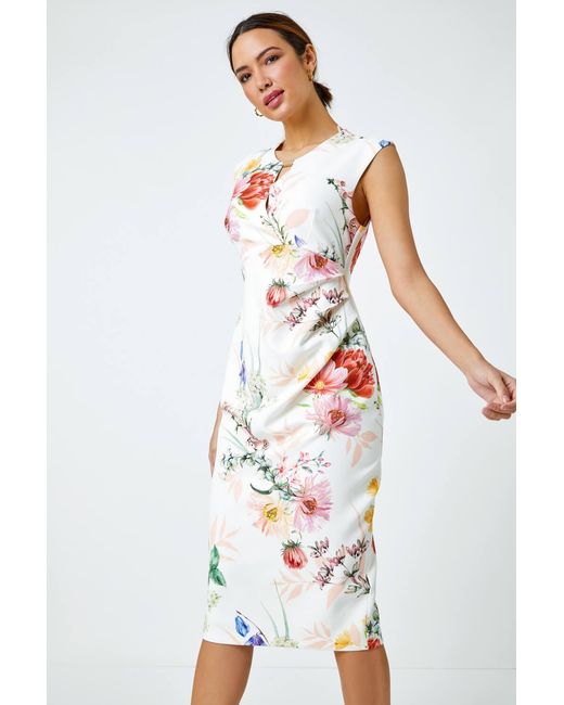 Roman White Floral Print Ruched Midi Dress