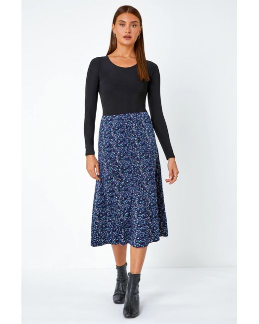 Roman Blue Elastic Waist Textured Abstract A-Line Skirt