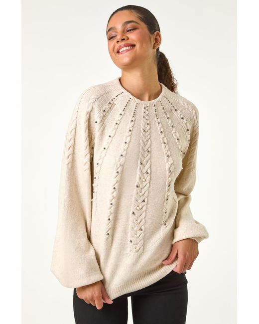Roman Natural Faux Pearl Cable Knit Jumper