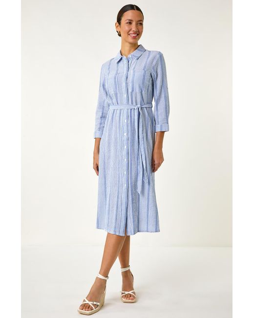 Roman Blue Textured Stripe Belted Shirt Dress