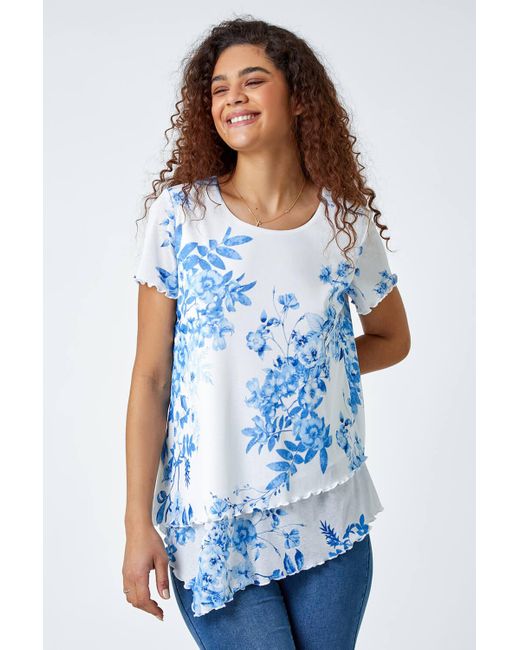 Roman Blue Floral Print Asymmetric Hem Top