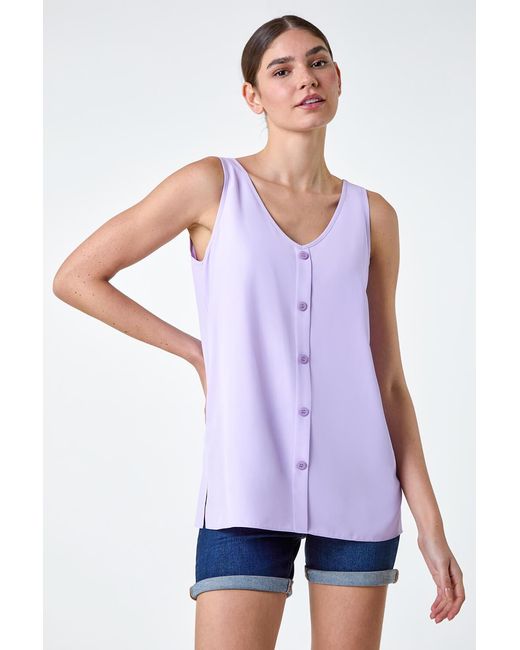 Roman Blue V-Neck Button Front Sleeveless Top