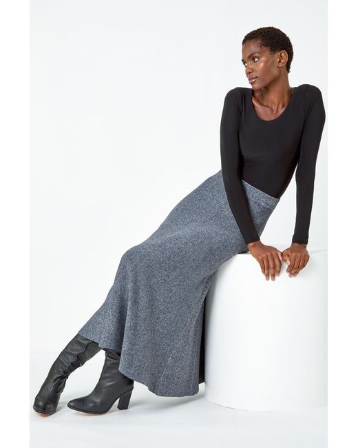 Roman Gray Knitted Elastic Waist A Line Midi Skirt
