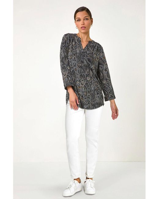 Roman Gray Textured Paisley Print Stretch Blouse