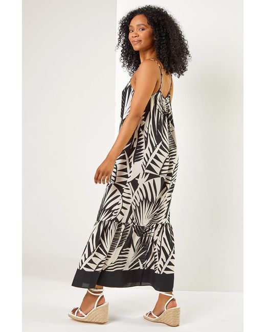 Roman Petite Black Tropical Print Tiered Maxi Dress