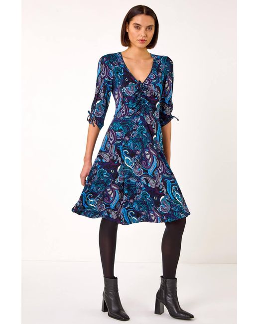 Roman Blue Paisley Gathered Stretch Dress
