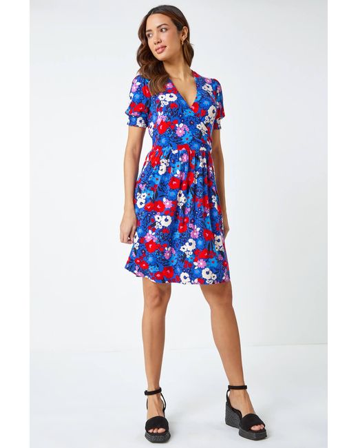 Roman Blue Floral Frill Sleeve Wrap Dress