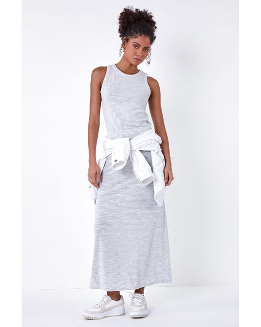 Roman White Dusk Fashion Stripe Print Stretch Maxi Skirt