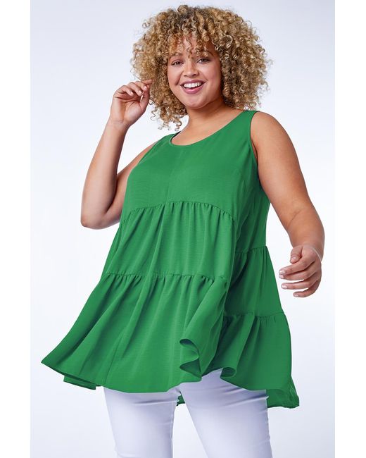 Roman Curve Green Plain Tiered Tunic Vest Top