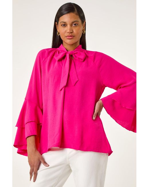 Roman Pink Frilled Sleeve Tie Front Top