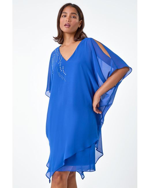 Roman Blue Embellished Cold Shoulder Overlay Dress