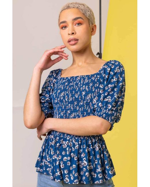 D.u.s.k Blue Ditsy Floral Print Shirred Top