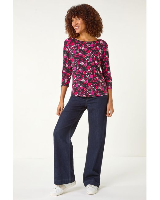 Roman Red Floral Print Contrast Trim Top