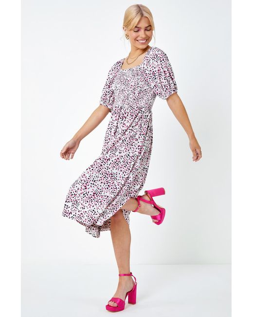 D.u.s.k Pink Ditsy Spot Print Shirred Dress