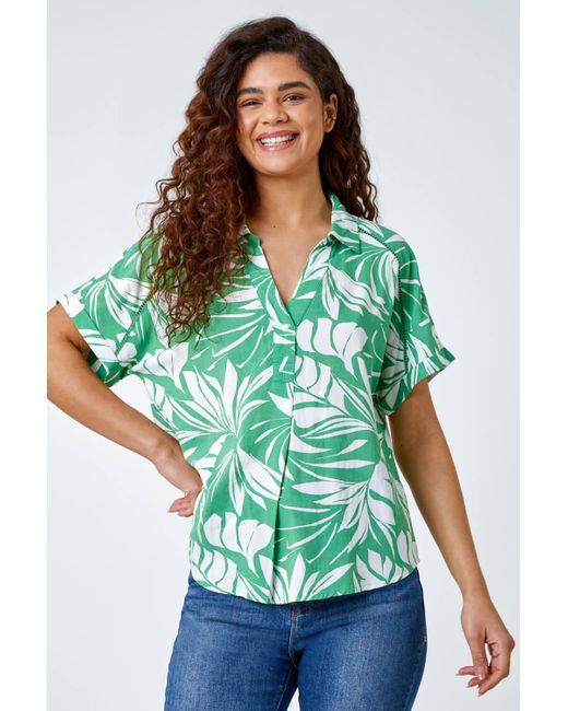 Roman Green Tropical Print Ladder Lace Overshirt