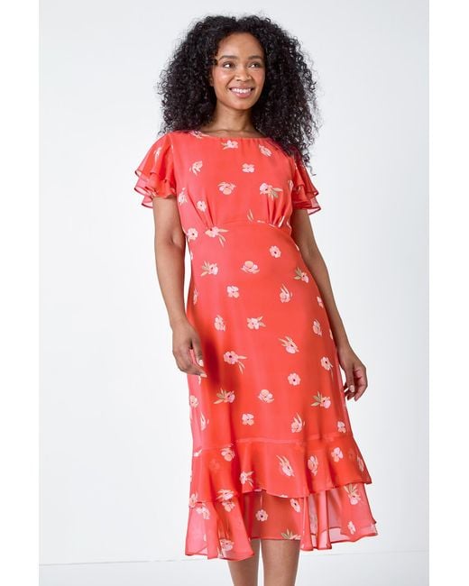 Roman Petite Floral Chiffon Frill Tiered Midi Dress