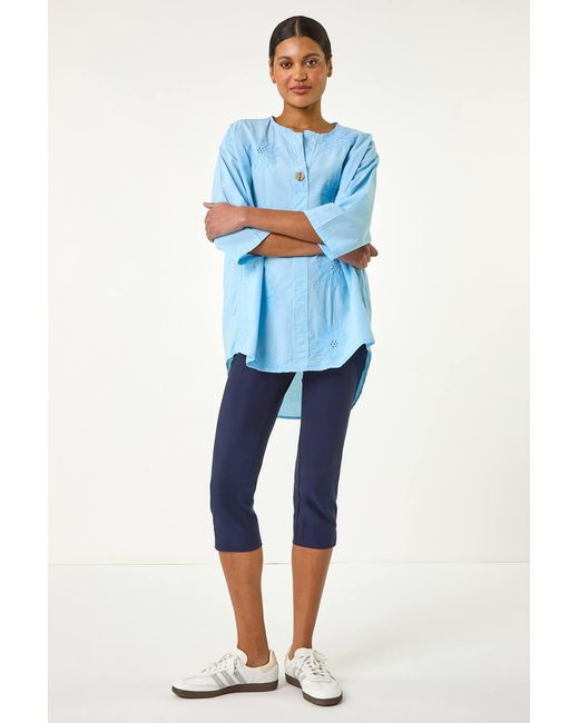 Roman Blue Cotton Floral Embroidered Tunic Top