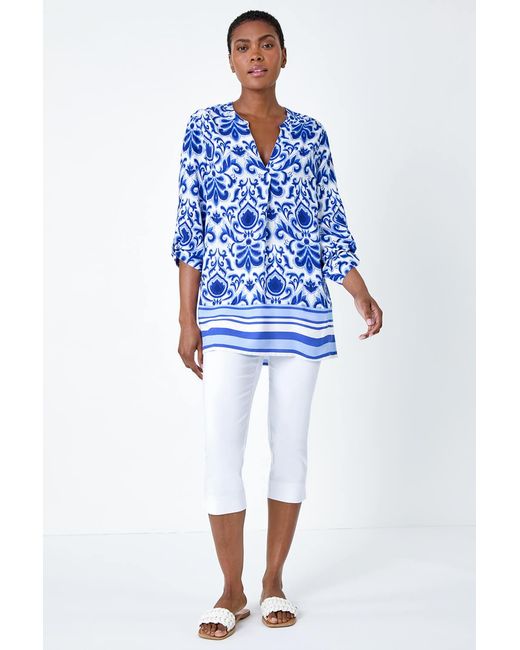 Roman Blue Ornate Border Print Pleated V-Neck Top
