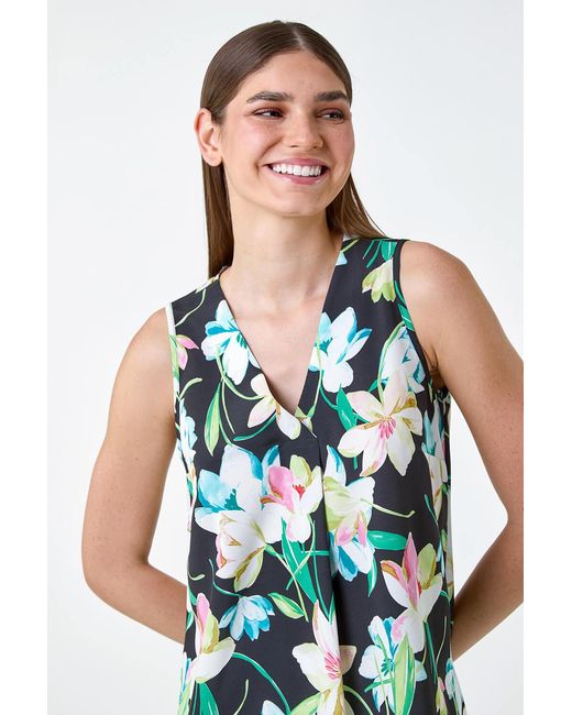 Roman Blue Floral Print Sleeveless Pleat Vest Top