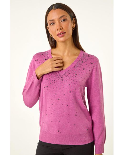 Roman Pink V-Neck Sparkle Hotfix Knit Jumper